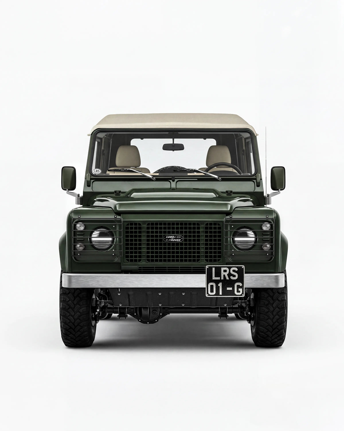 Front view of a green Defender with a beige roof and interior