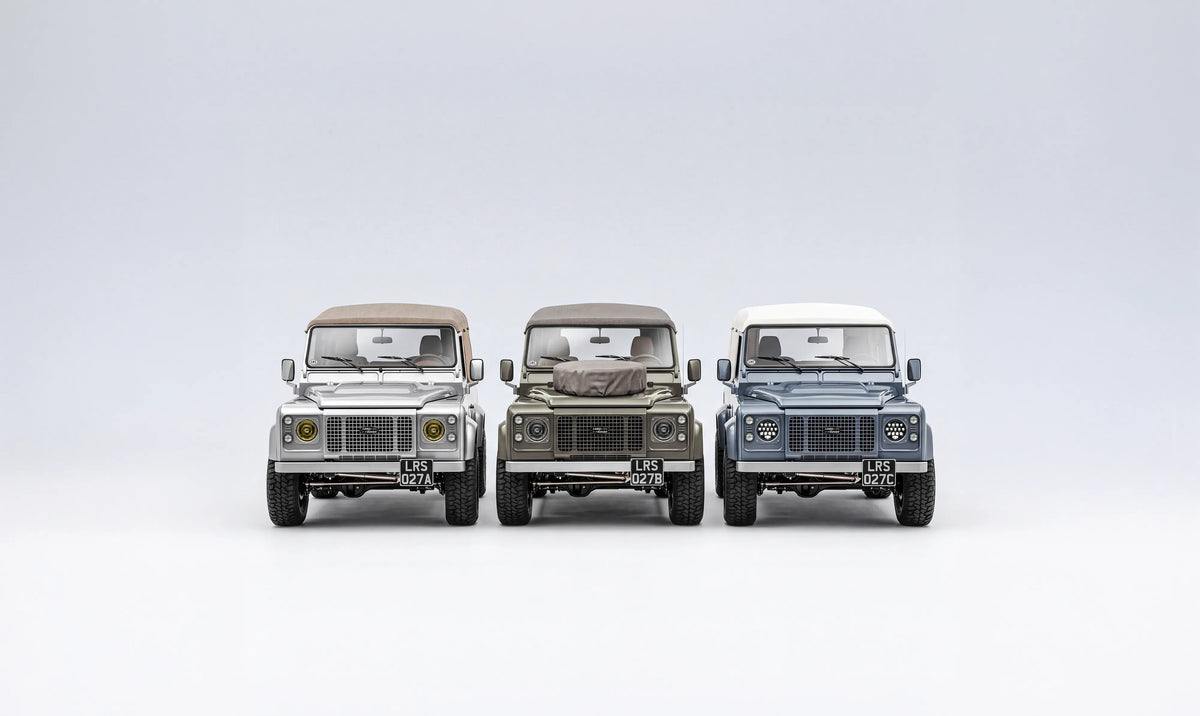 Three LRS Defender design directions in silver, Arden Green and blue